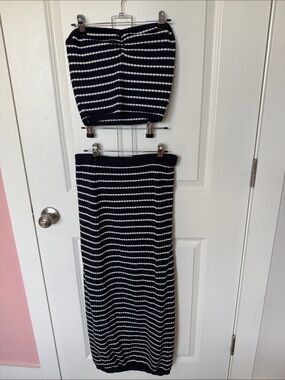 Freshman Navy and White Striped Knit Maxi Skirt Set